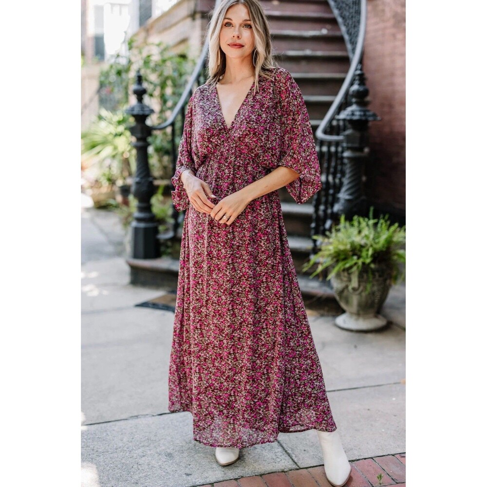Entro Women's Floral Print Maxi Dress Size Small Burgundy Fall Boho Cottagecore